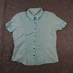 J. Jill Top Womens Medium Linen Button Front Beachy Coastal Blue‎ Short Sleeve